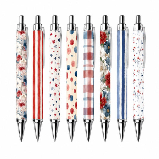 8PC Patriotic Pens Gift Set American Flag Inspired Ballpoint Writing Pens Red White Blue USA Themed Patriots Floral Office Desk Journal Planner