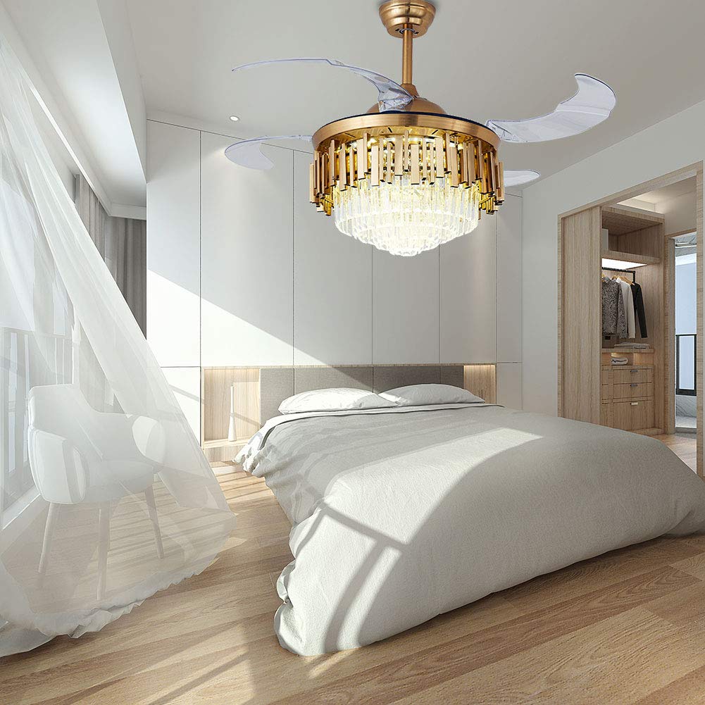 OUKANING 42inch Crystal Chandelier Ceiling Light LED - 4 Acrylic Automatic Retractable Crystal Fan Blade Ceiling Lamp for Living Room/Dining Room/Hall
