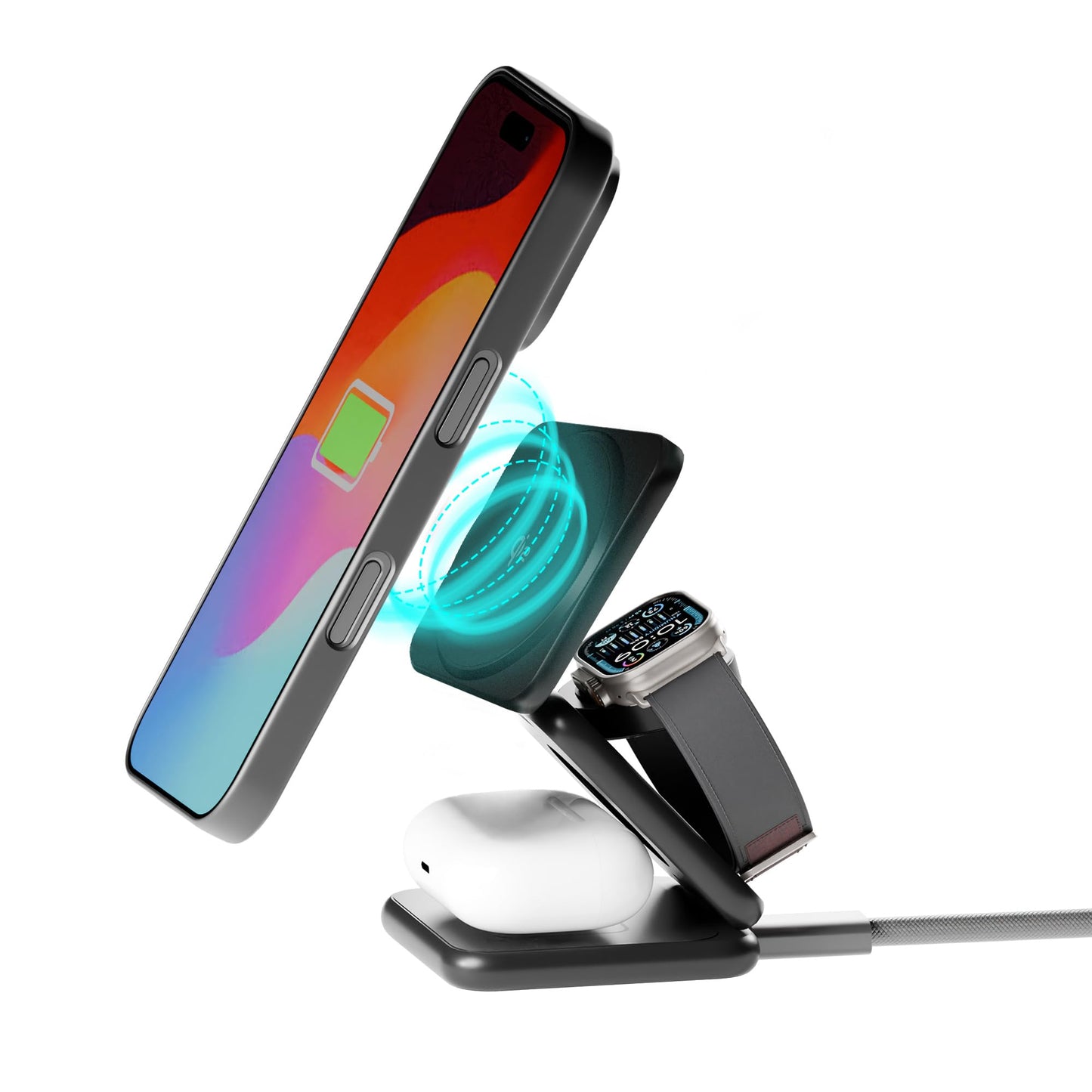 Peel 3-in-1 Wireless Charging Stand - Qi2 Certified Fast Charger, Compatible with MagSafe iPhone 17/16/15/14/13/12, Apple Watch & AirPods, Ultra-Slim