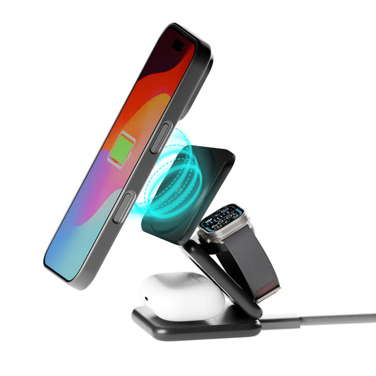 Peel 3-in-1 Wireless Charging Stand - Qi2 Certified Fast Charger, Compatible with MagSafe iPhone 17/16/15/14/13/12, Apple Watch & AirPods, Ultra-Slim
