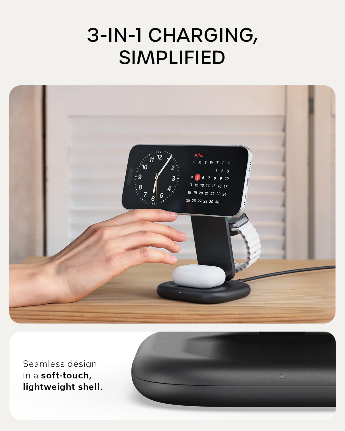 Satechi 3-in-1 Qi2 Wireless Charging Station, 25W Fast Magnetic Charger, Foldable Charging Stand for iPhone 17, Apple Watch Series 11, AirPods, 45W