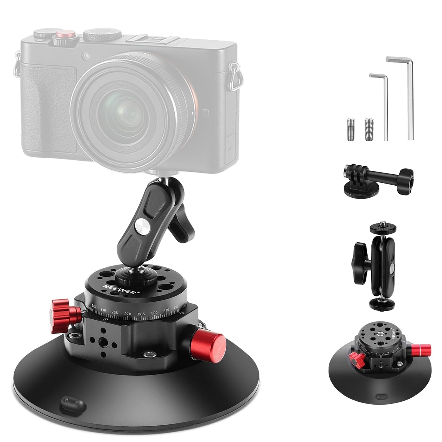 NEEWER 6"/15.2cm Camera Suction Cup Mount with Ball Head Magic Arm, Metal Suction Cup Mount on Car Windshield Dash for Camera/Action Camera/Phone