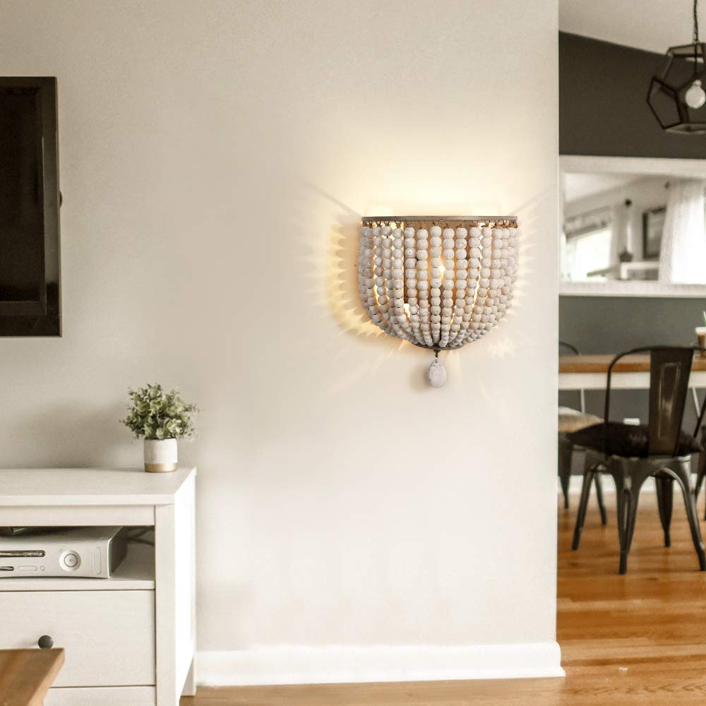Newrays Vintage Wood Bead Wall Lamp Gray White Finishing Retro Antique with Hard Wired for Bedroom Fixtures
