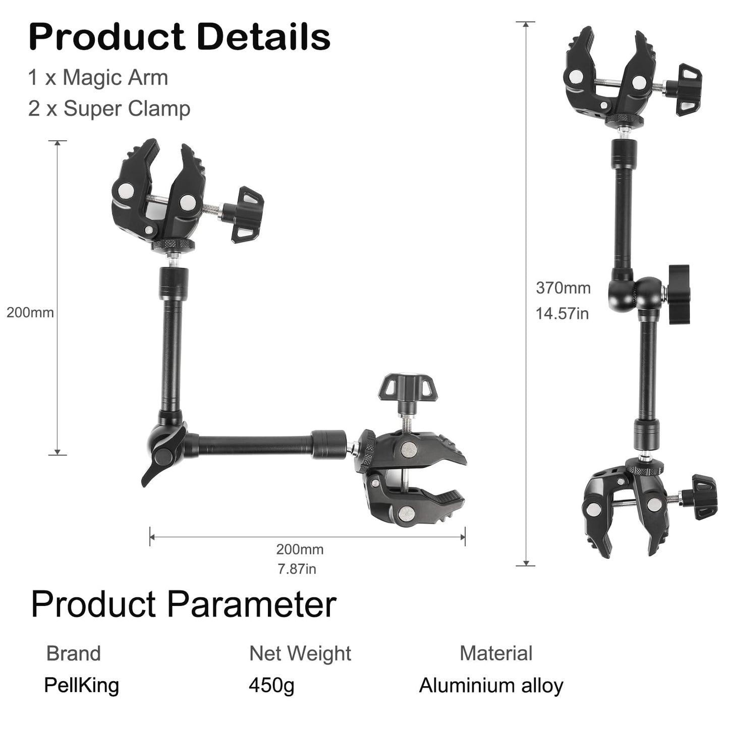 PellKing Magic Arm Clamp Kit, Camera Mount Articulating Friction Arm w 2 Pcs Super Clamp, w 1/4"-20 Screw and Thread Hole, for Camera, Light, Monitor