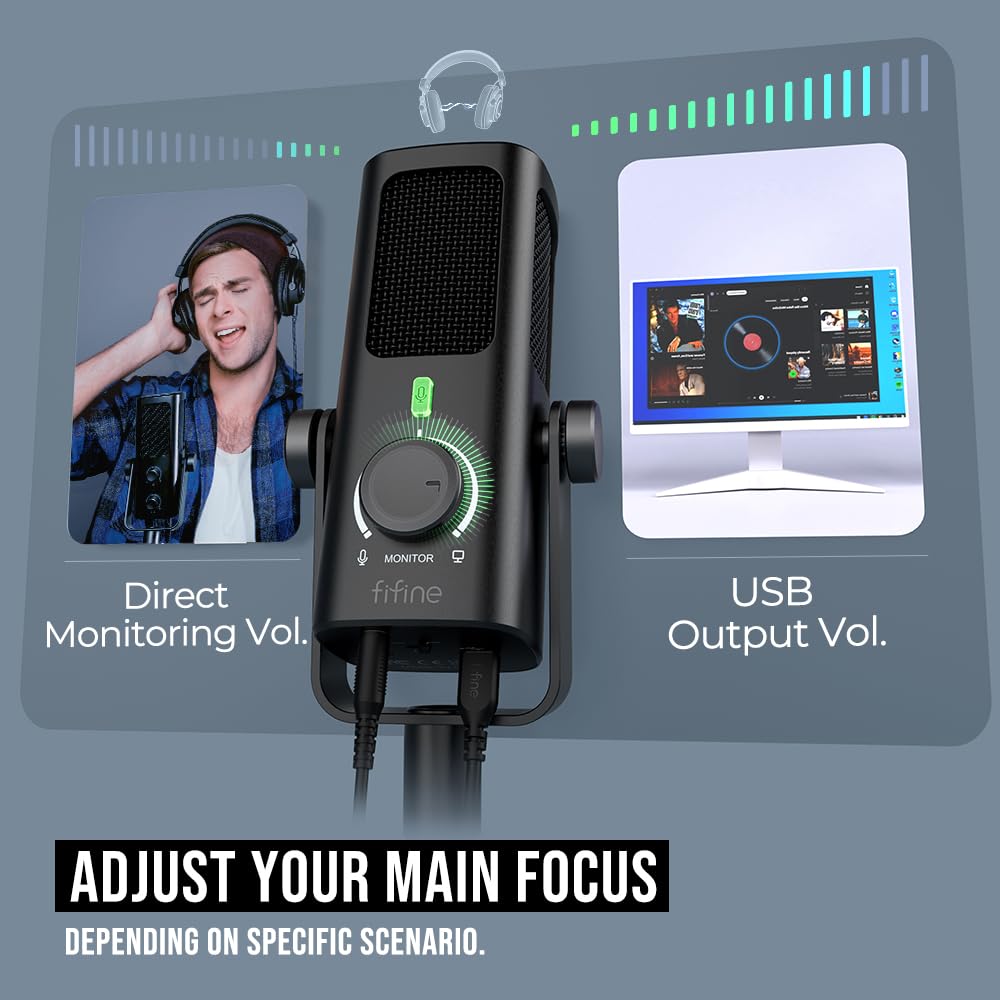 FIFINE USB-Podcast-Condenser-Microphone for Studio-Recording/Computer-Streaming, Desktop-Metal-Mic for YouTube Music Vocal Creation, with Monitor-Mix