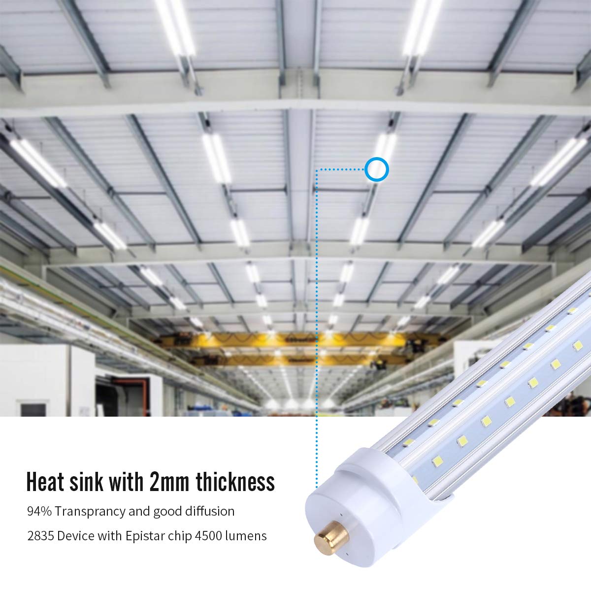 T8 8FT LED Tube Light 8 Foot,Need Bypass Ballast, 65W V Shaped Single Pin FA8 Base,6000K Cool White, (Replace 150W LED Fluorescent Bulbs),Dual-Ended