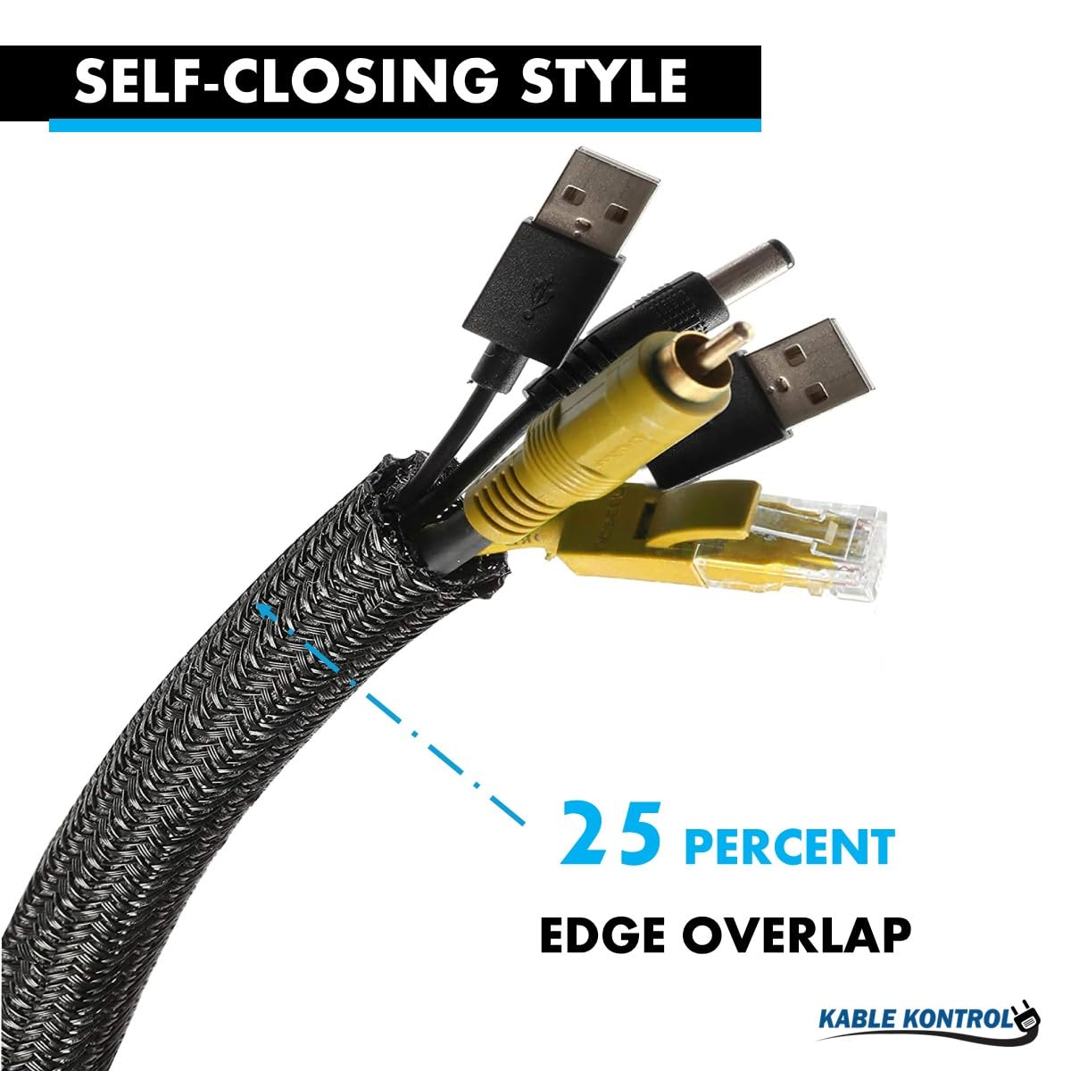 Kable Kontrol 25 Ft - 0.25" Inch Braided Cable Sleeve - Self Closing Split Wire Wrap Cord Hider Organizer Wire Loom Tubing Cover for Automotive