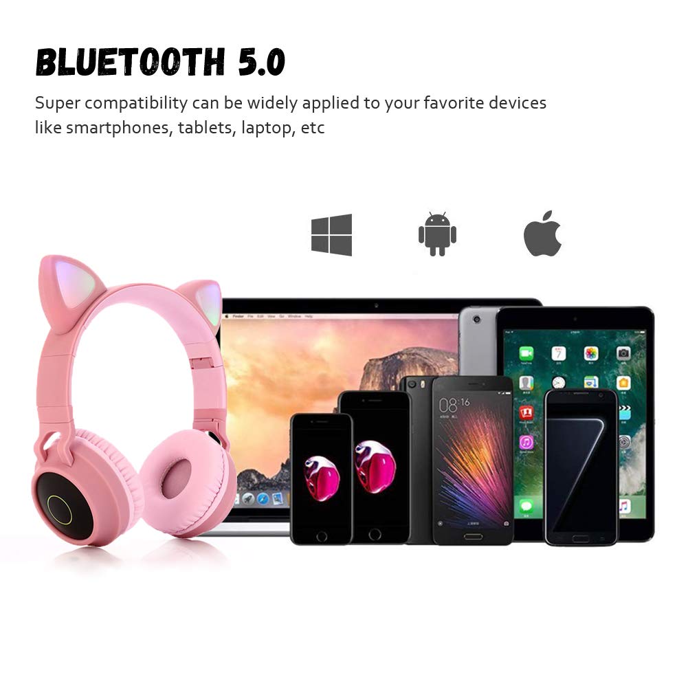 Kids Bluetooth 5.0 Cat Ear Headphones Foldable On-Ear Stereo Wireless Headset with Mic LED Light and Volume Control Support FM Radio/TF Card/Aux…