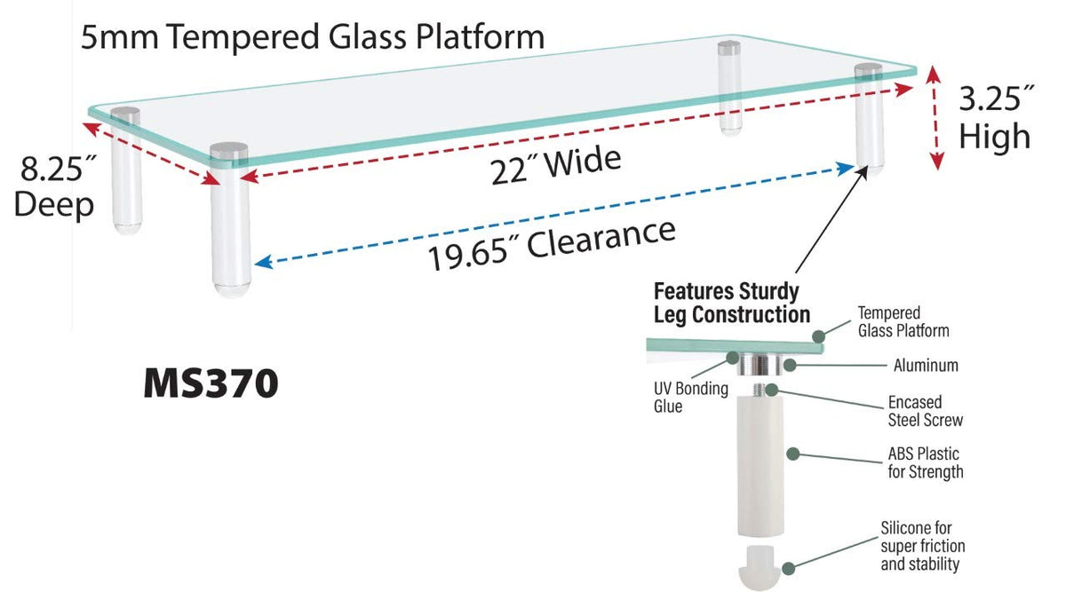 Kantek Glass Monitor Riser with 5mm Tempered Glass Platform and 40-Pound Capacity, 22-Inch W x 8.25-Inch D x 3.25-Inch H, Clear Glass (MS370)