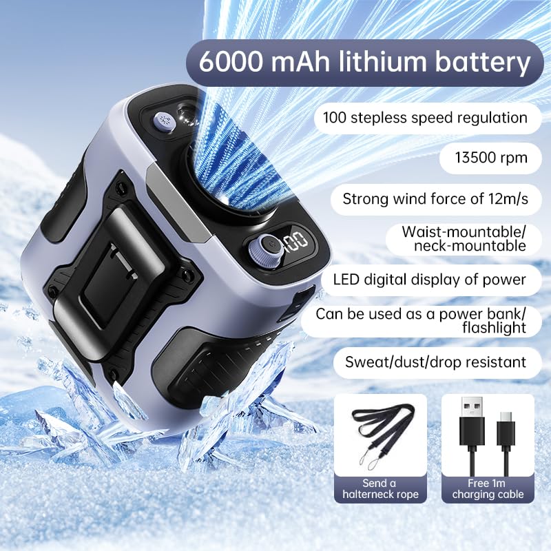 bamOYObu Portable Waist Clip Fan, Wearable Belt Personal Fan with 100 Levels Speeds, 13500 RPM Strong Airflow, AI energy-saving battery 6-24H Cooling
