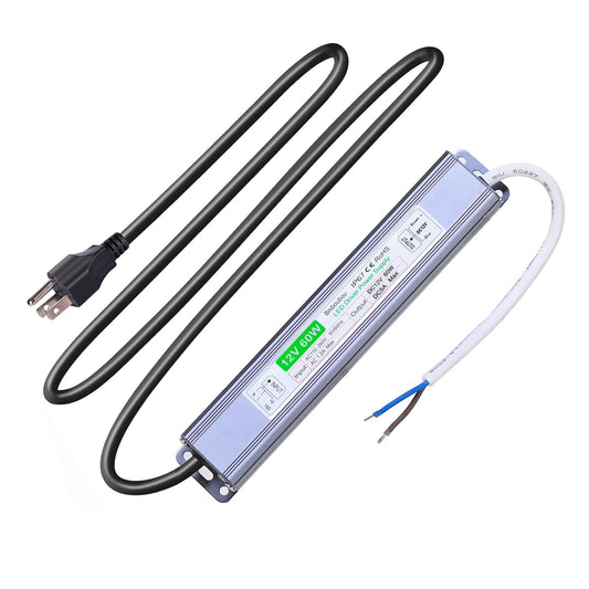LED Driver 60W Waterproof IP67 Power Supply Adapter, AC110V to DC12V Constant Voltage LED Transformer with 3-Prong US Plug for Outdoor & Indoor LED