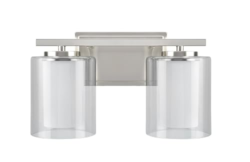 Aspen Creative 62102, Two-Light Metal Bathroom Vanity Wall Light Fixture, 13 1/2" Wide, Transitional Design in Satin Nickel with Clear Glass Shade