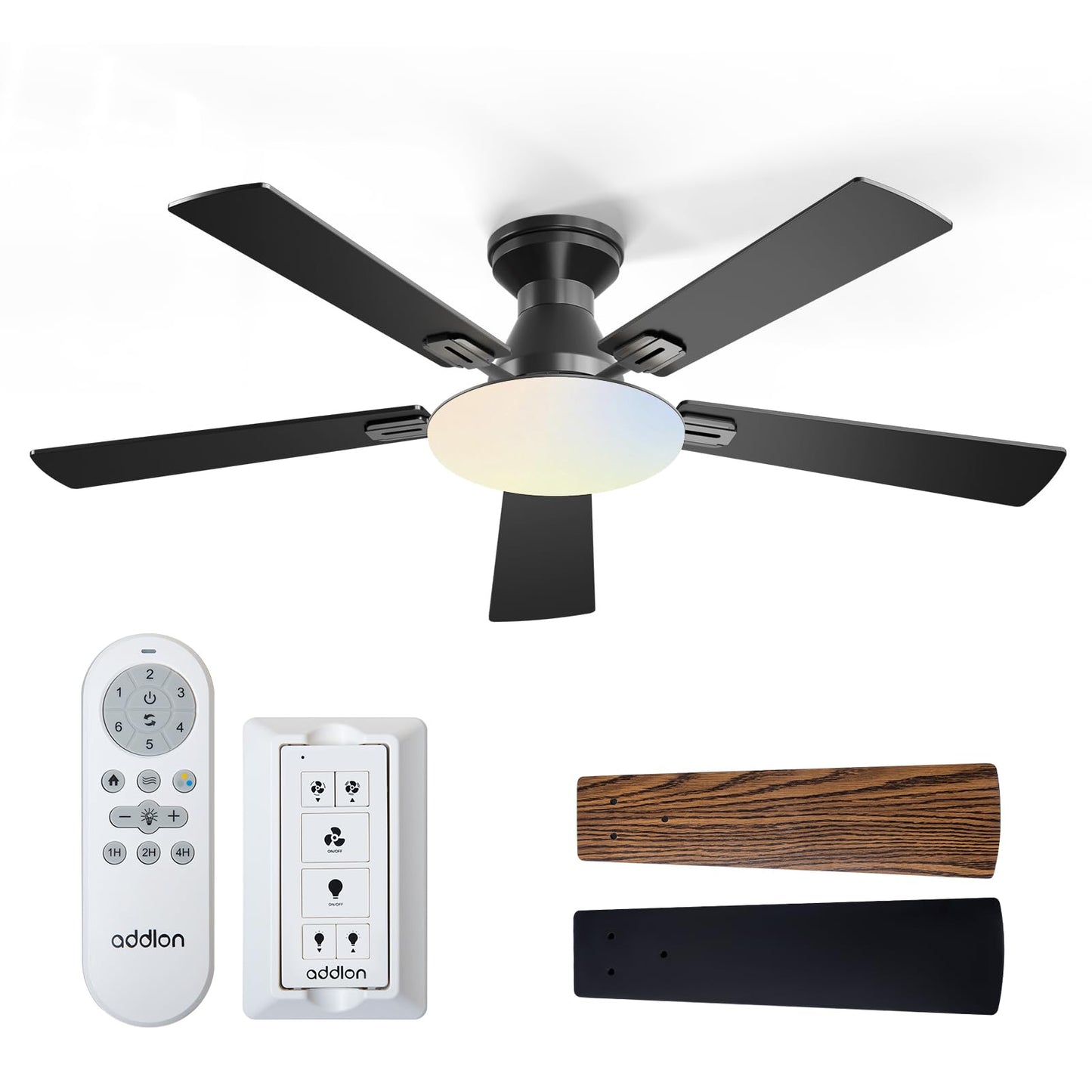 addlon 52 Inch Ceiling Fans with Lights and Remote, Wall Remote, Black