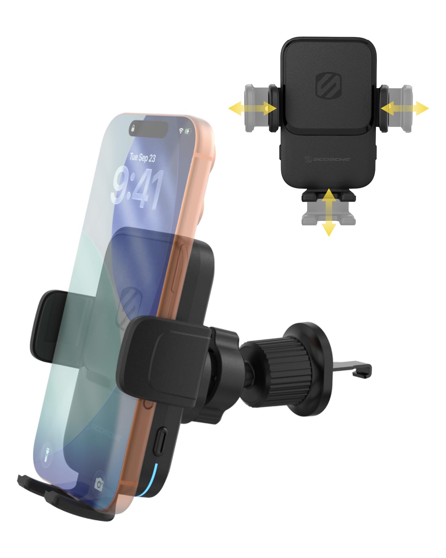 Scosche Wireless Car Charger, Auto Clamping Car Vent Phone Mount, Cell Phone Holder Charger with Twist-to-Secure Hook, 360° Rotation, Compatible