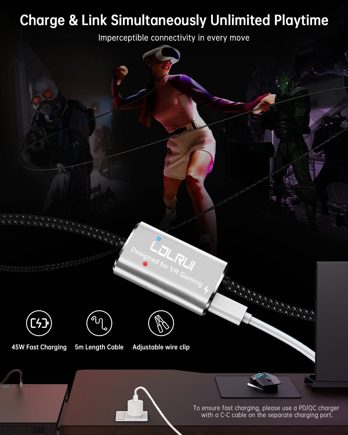 LDLrui 5m VR Link Cable with Charging, USB 3.0 to USB-C (5Gbps) for Meta Quest 3/2/Pro & Pico 4, PC VR Cable with Clip for Simultaneous Play & Charge