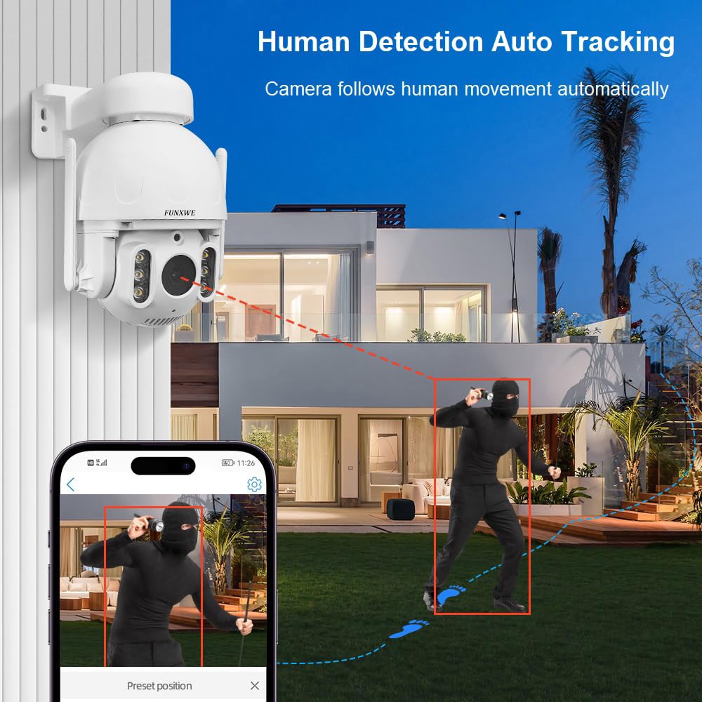funxwe 5MP 5X Optical Zoom PTZ Security IP Camera, WiFi 2.4GHz 5GHz Motion Auto Tracking Pan Tilt Dome Camera, Motion Detection Siren Alarm Color