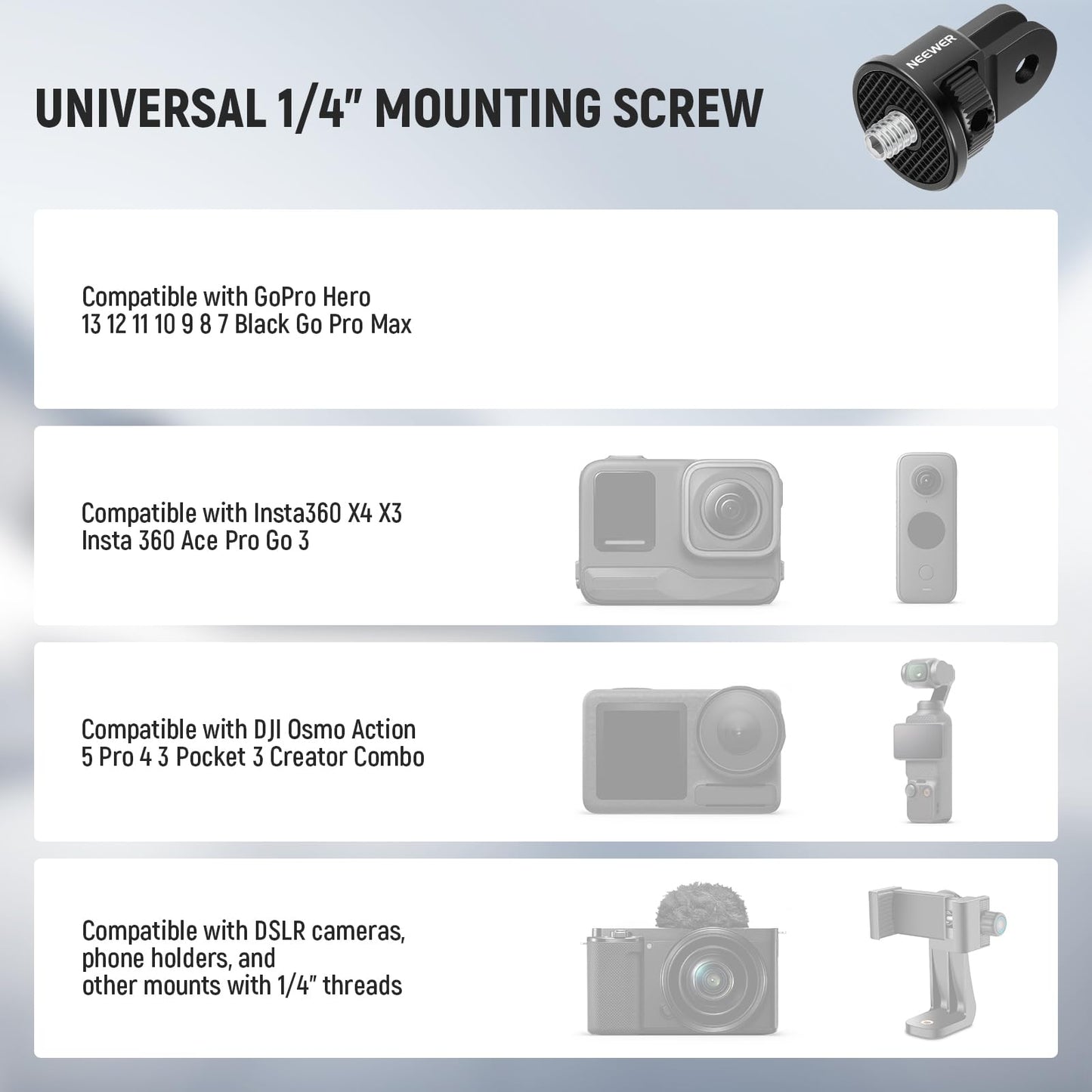 NEEWER Action Camera Mount Adapter with 1/4" Screw Aluminum Alloy Compatible with GoPro Hero 13 12 Insta360 X4 X3 DJI Osmo Pocket 3 Creator Combo