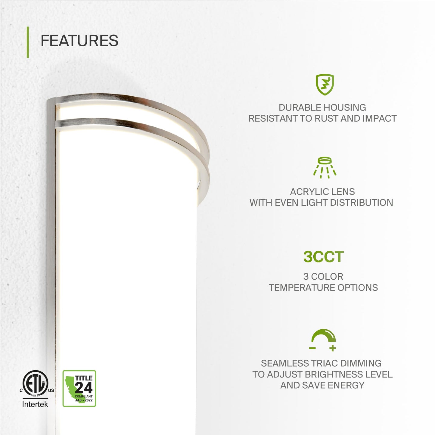 ASD LED Indoor Wall Mount Light Fixture - 18 Inch 25W Modern Interior Nickel Dimmable Wall Sconce Light - ETL 3000K 4000K 5000K Adjustable - Hallway