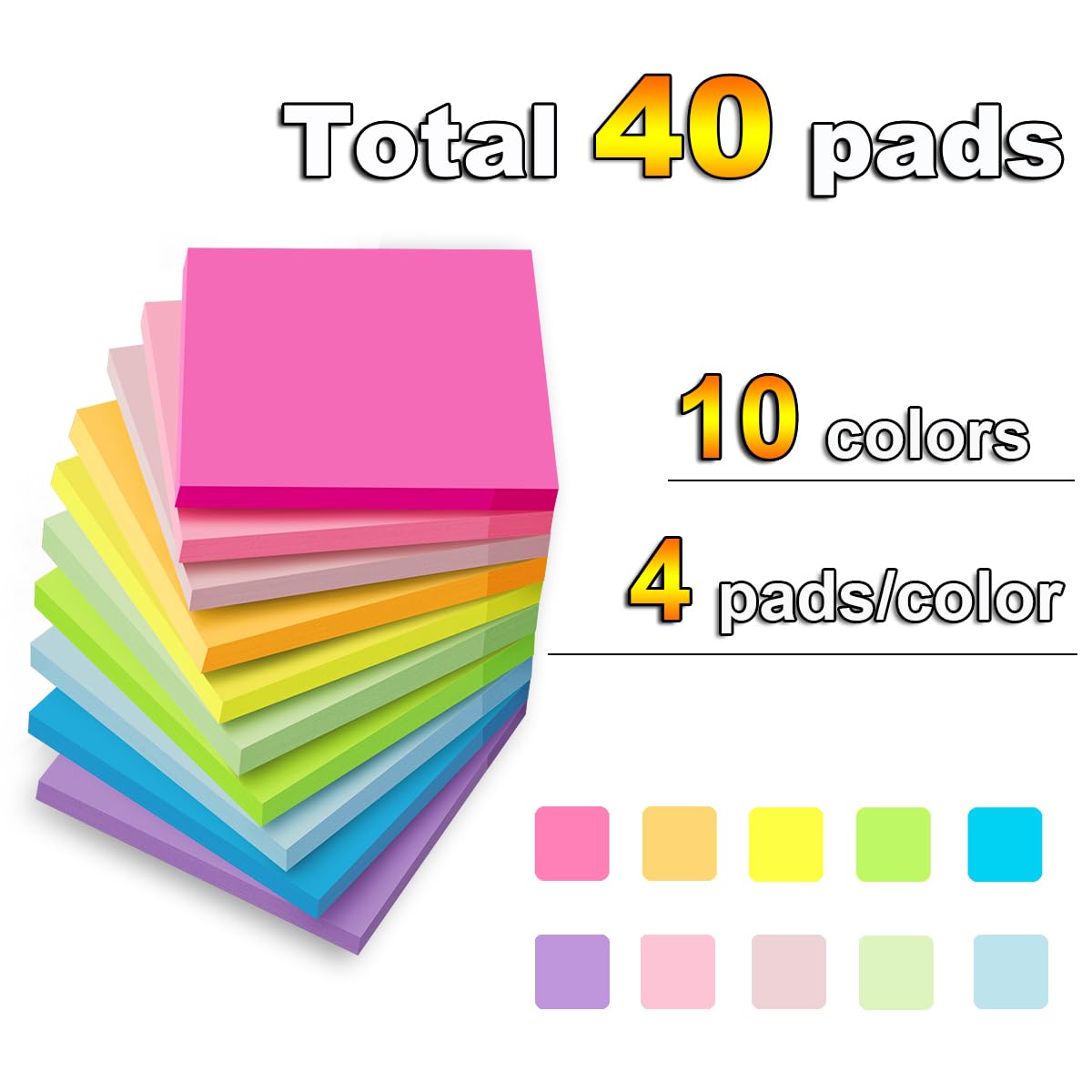 (40 Pads) Sticky Notes 3x3 in,Bright Colors Notepads,Colorful Stickies