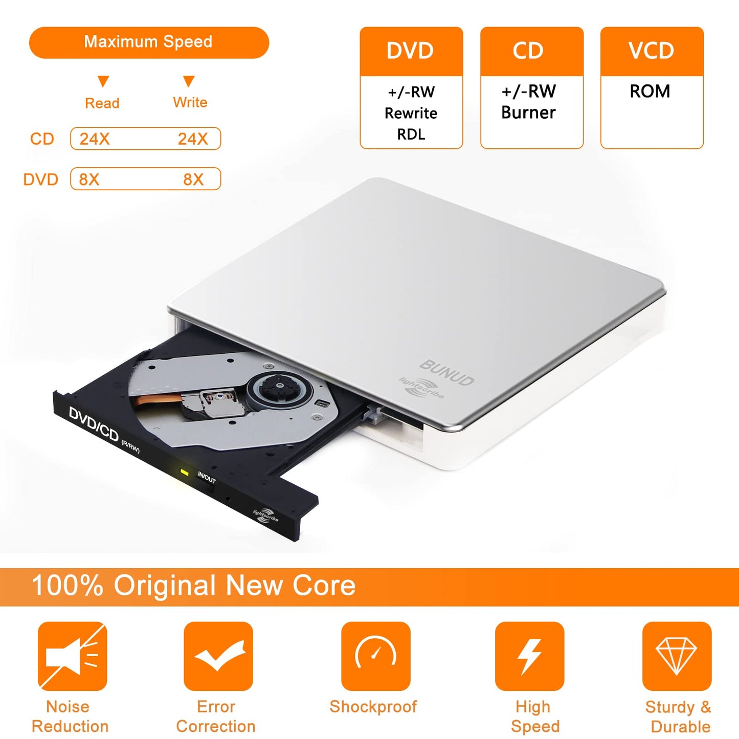 External CD DVD Drive LightScribe CD/DVD +/-RW Burner Player Writer Optical Disk Reader Portable CD DVD Drive for Laptop Mac MacBook PC Windows 11 10