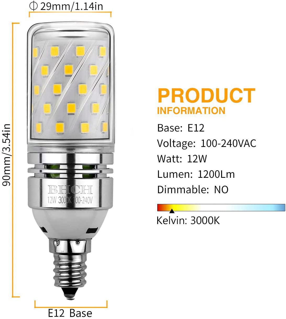 BHCH E12 LED Corn Bulbs 12W,3000K Warm White,1200LM,Small Edison Screw Bulbs,100W Incandescent Bulbs Equivalent,Pack of 4