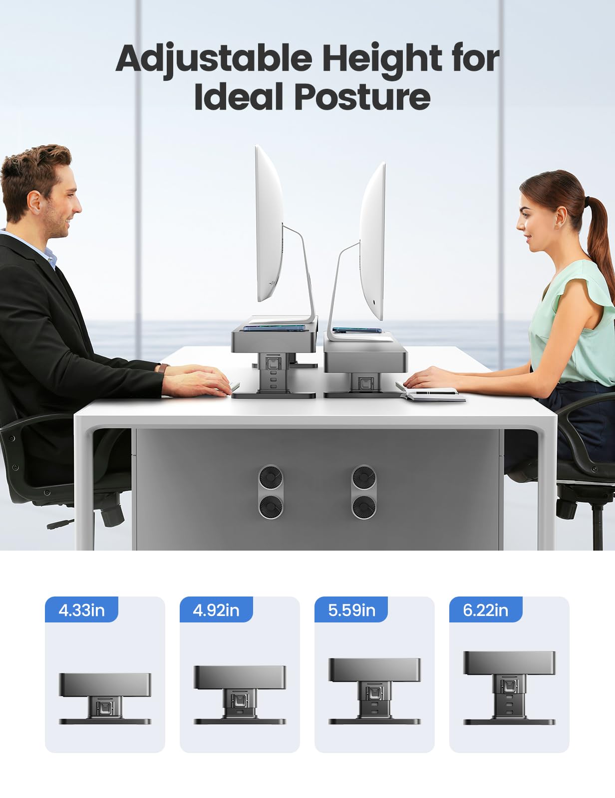 meatanty Dual Monitor Stand with 4 Adjustable Heights, Auto Phone Charging Pad, 4 USB Ports, Computer Riser with Drawers Storage, Metal Double Desk
