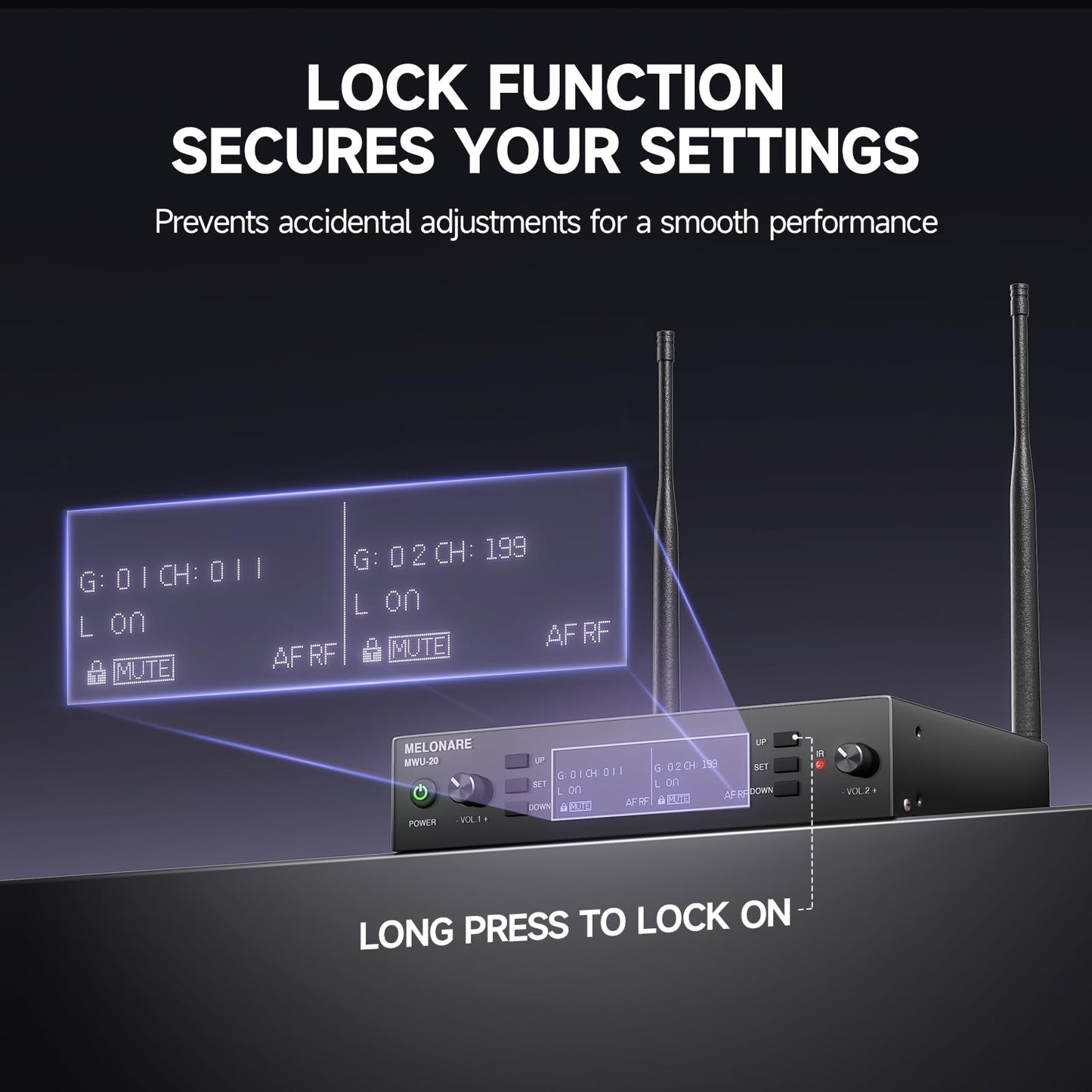 Dual Channel Wireless Microphone System, MELONARE Auto-Scan Professional Cordless Dynamic Mic Set, 260ft Range, 2x100 UHF Metal Wireless Mic for