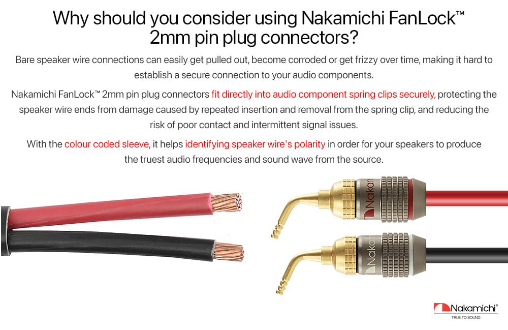 Nakamichi FanLock Excel Series 24k Gold Plated 2mm Pin Plug Banana 10 AWG - 18 AWG Gauge Size 4mm for Spring Clip Speakers Amplifier Hi-Fi Home