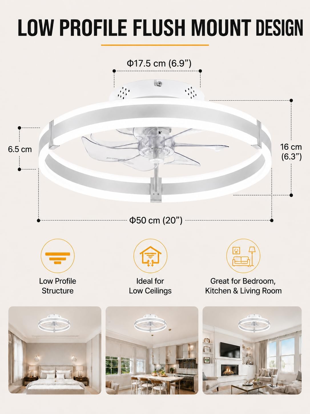 Garvee 20" Ceiling Fan with Lights,Metal Low Profile Flush Mount Fandelier