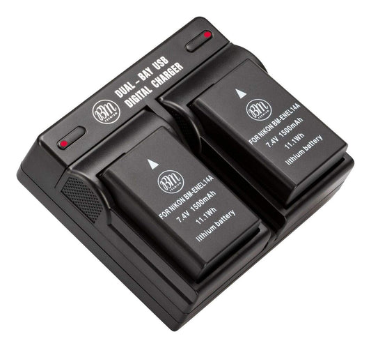 BM Premium 2 Pack of EN-EL14A Batteries and Dual Bay Battery Charger for Nikon D3100, D3200, D3300, D3400, D3500, D5100, D5200, D5300, D5500, D5600