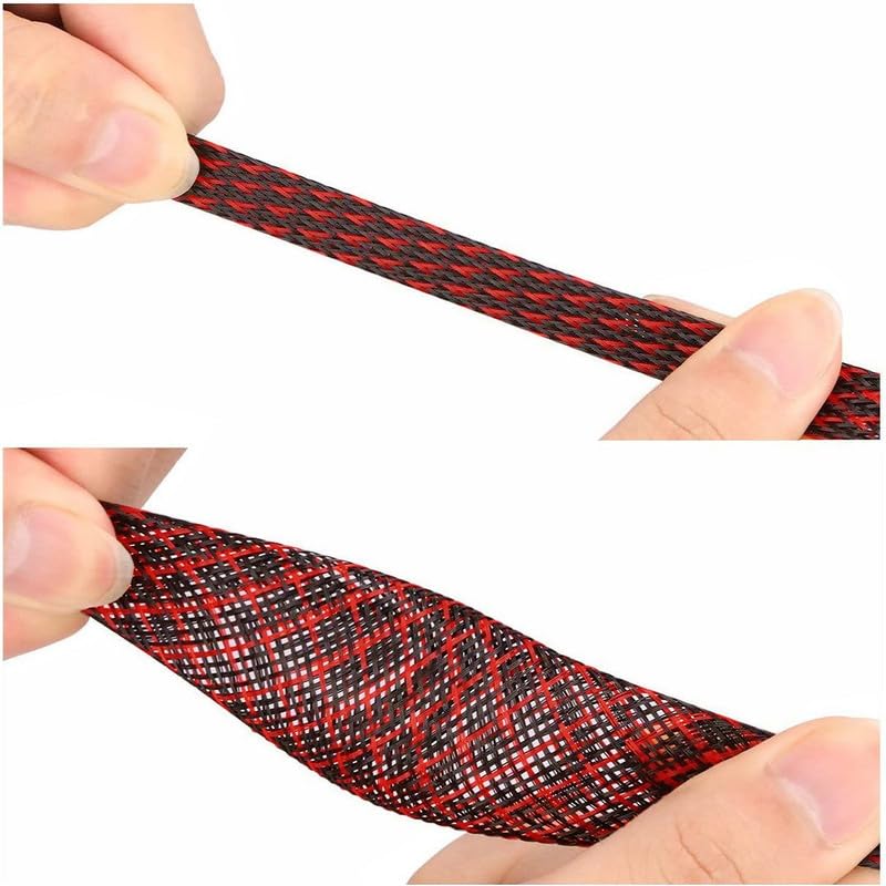 PET Expandable Braided Sleeving 25Ft-3/8 inch Wire Loom, Aibole Braided Cable Sleeve Wire Wrap,Black&Red