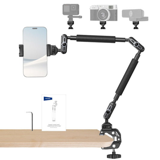 NEEWER 22" Magic Arm w Desk C Clamp, Overhead Camera Mount with Articulating Mic Boom Arm 1/4" 3/8" Threads for ARRI, Desktop Stand Holder for Phone