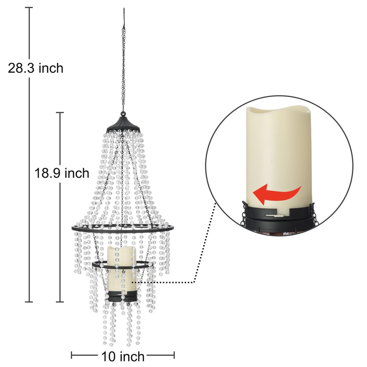 Hanging Candle Chandelier Outdoor, Battery Operated Clear Acrylic Beaded Chandelier with Flickering Led Candle Light S Hooks Modern Lantern for Garden