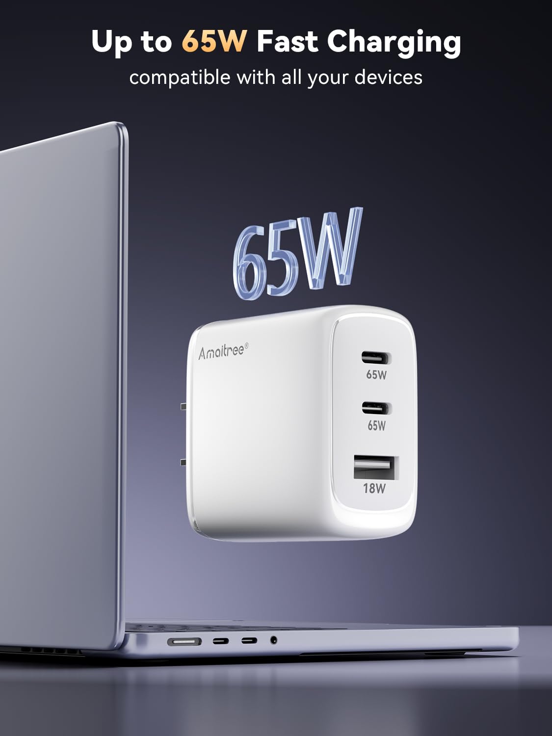 USB C Charger, Amaitree 3-Port GaN Compact Flat-style Wall Charger, PD3.0 65W Fast Charger USB C Block for iPhone 17/16/15/MacBook/Galaxy