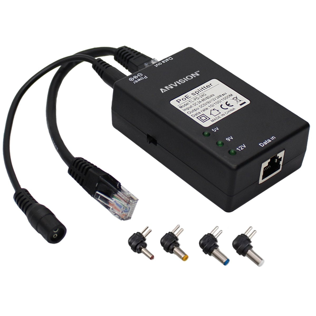 ANVISION Active Gigabit PoE Splitter Adapter with Multi-Size Tips, IEEE 802.3af Compliant, DC 5V 9V 12V Power Output, for IP Camera AP Voip Phone