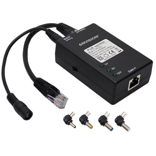 ANVISION Active Gigabit PoE Splitter Adapter with Multi-Size Tips, IEEE 802.3af Compliant, DC 5V 9V 12V Power Output, for IP Camera AP Voip Phone