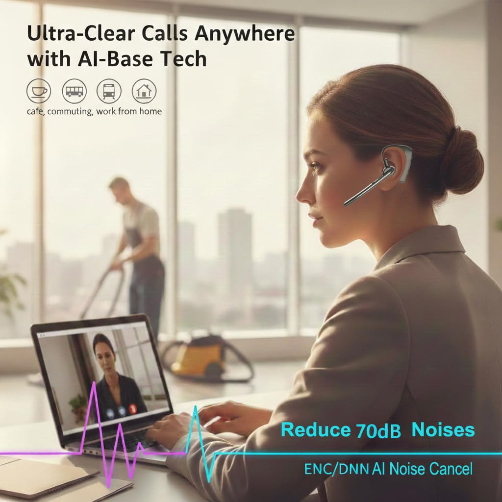 NVAHVA Trucker Bluetooth Headset with Pro 70dB Noise Canceling, Wireless Headset with Mute Mic for Work, One Ear Piece Hands-Free Bluetooth Headphones