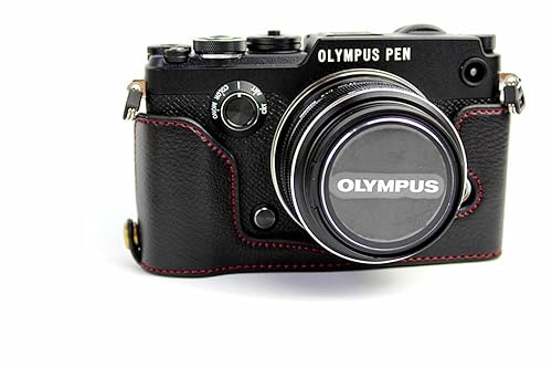PEN-F Case, BolinUS Handmade Genuine Real Leather Half Camera Case Bag Cover for Olympus PEN-F Bottom Opening Version + Hand Strap - Black