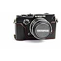 PEN-F Case, BolinUS Handmade Genuine Real Leather Half Camera Case Bag Cover for Olympus PEN-F Bottom Opening Version + Hand Strap - Black