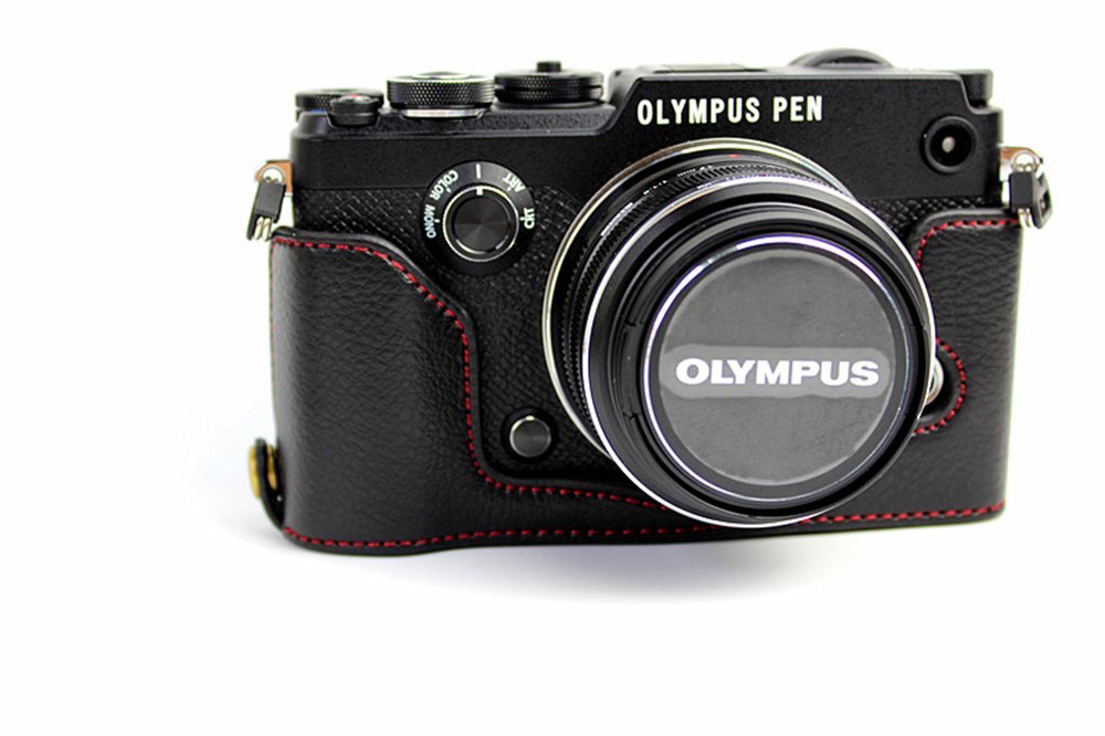 PEN-F Case, BolinUS Handmade Genuine Real Leather Half Camera Case Bag Cover for Olympus PEN-F Bottom Opening Version + Hand Strap - Black