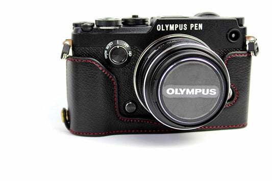 PEN-F Case, BolinUS Handmade Genuine Real Leather Half Camera Case Bag Cover for Olympus PEN-F Bottom Opening Version + Hand Strap - Black