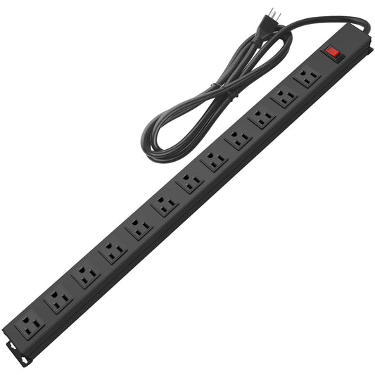 Metal Wall Mount Power Strip, Mountable Power Outlet with 12 AC Outlets, Aluminum Alloy Mount Power Socket with Switch, 6 FT SJT 3/C 14AWG Power Cord