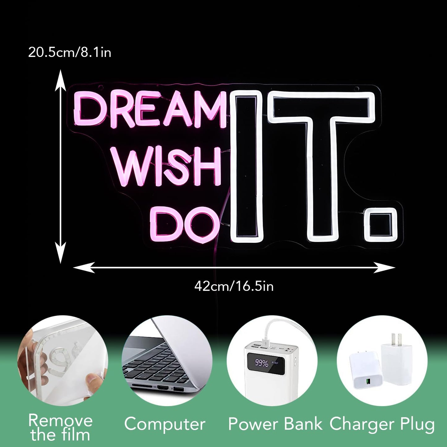 JLEWUINH Dream It Wish It Do It Neon Sign Dimmable Letters Neon Light Signs for Wall Decor USB Power Pink White Neon Light for Bedroom Led Neon Sign