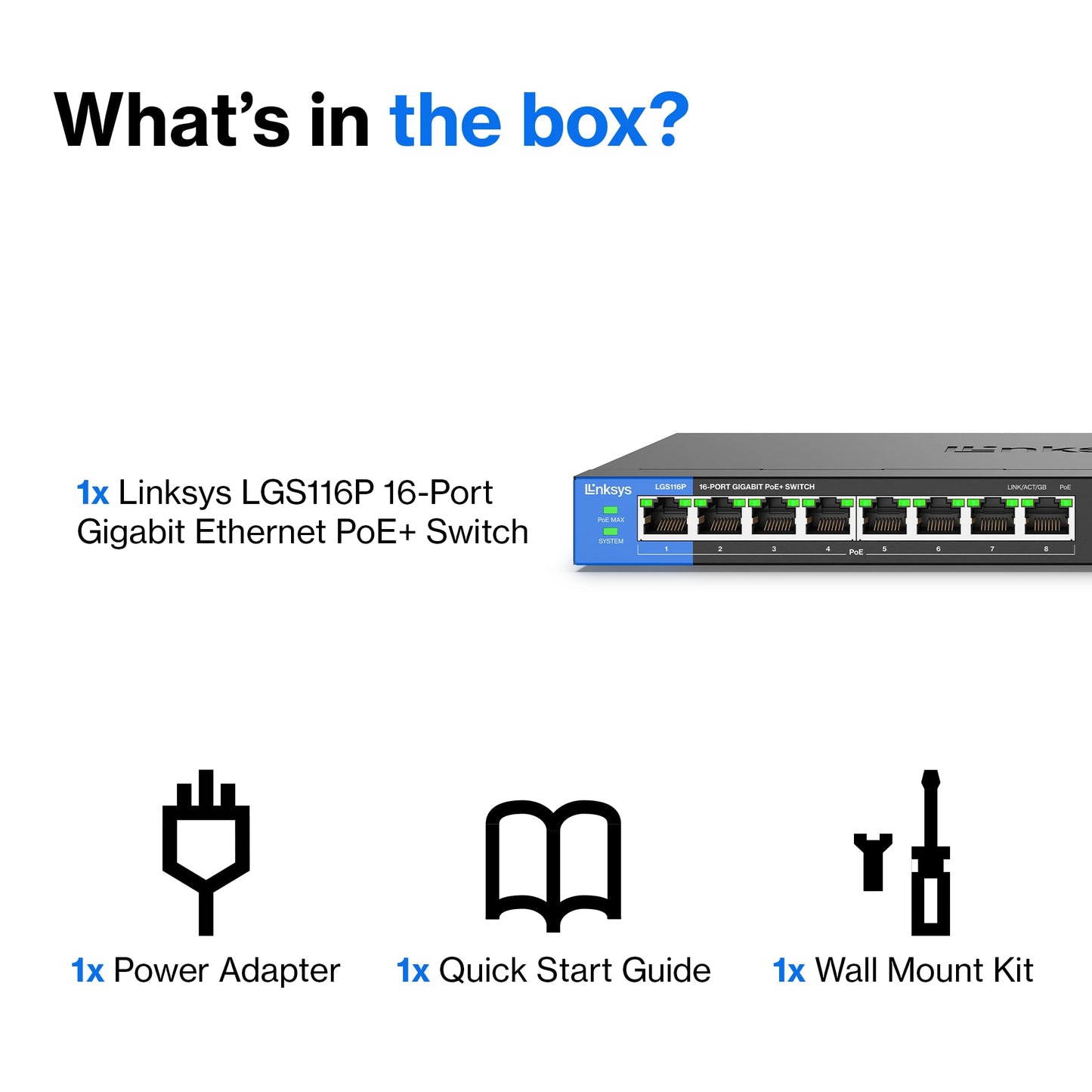Linksys LGS116P 16 Port Gigabit Unmanaged Network PoE Switch with 8 PoE+ Ports @ 80W - Ideal for Business, Home, Office, IP Surveillance - Ethernet