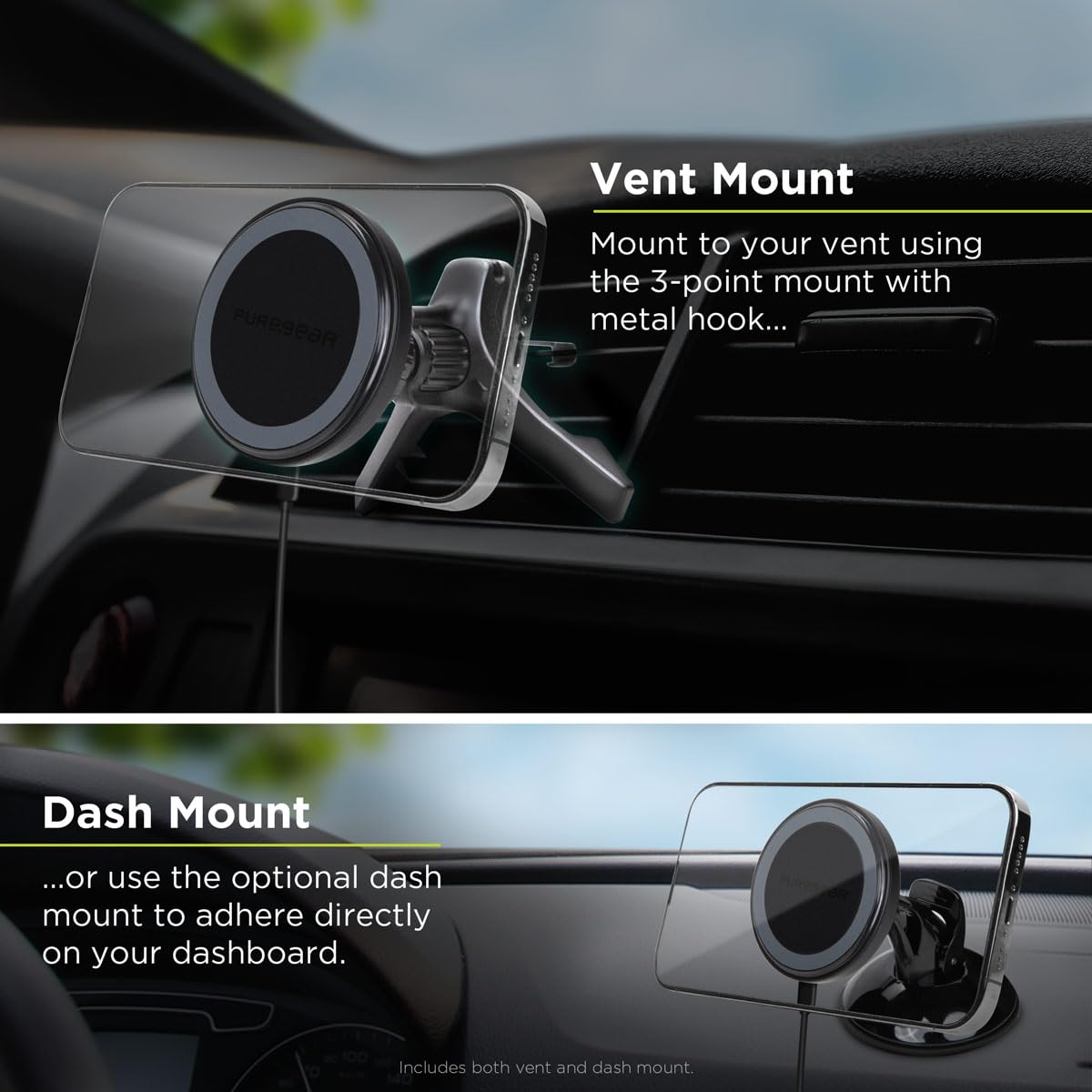 PureGear Qi2 Certified 15W MagSafe Car Mount Charger, Magnetic Wireless Car Charger, Car Phone Holder for iPhone 17/16/15/14/13/12, Air