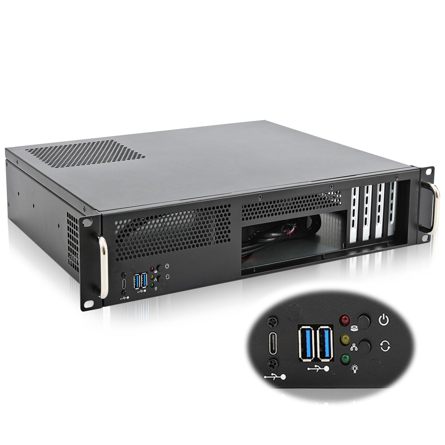 RackChoice 2U Server Chassis Short Depth 14.17" Front I/O with 2 x 3.5“ (int.) mATX M/B,Support ATX PSU with Either top or Side Cooling