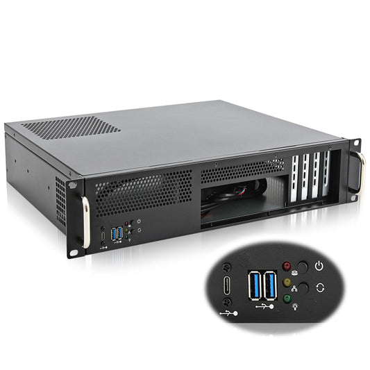 RackChoice 2U Server Chassis Short Depth 14.17" Front I/O with 2 x 3.5“ (int.) mATX M/B,Support ATX PSU with Either top or Side Cooling