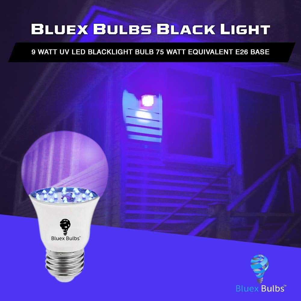 Bluex Bulbs 2 Pack LED Black Light Bulb, 9W A19 E26 Blacklight Bulb Level 385-400nm, Body Paint, Glow in The Dark LED Light Bulb Neon Glow Fluorescent