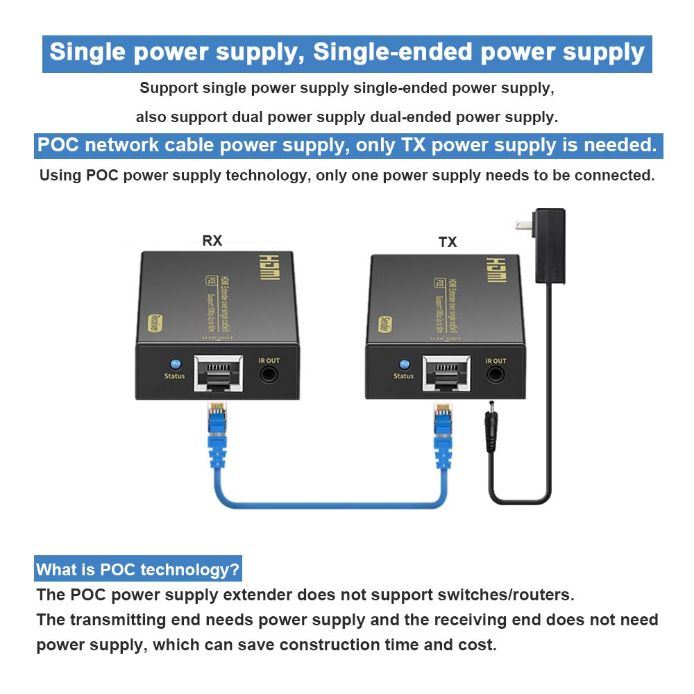 RYXN HDMI Extender Over Cat5e/6, HDMI Over Ethernet Extender 196ft, HDMI Balun Support HDMI 1.4 1080P 3D EDID, Adopting Single Power Supply POC
