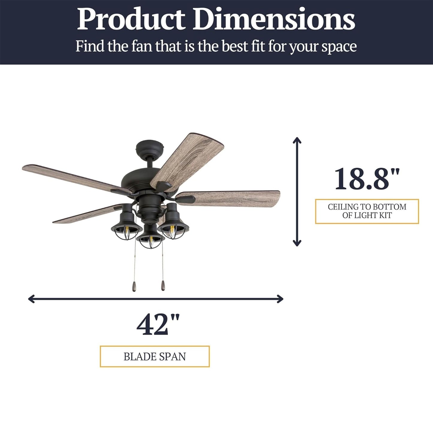 Prominence Home Piercy Farmhouse LED Ceiling Fan with Light, Pull Chain, 3 Mounting Options, 5 Dual Finish Blades and Reversible Motor, 42"